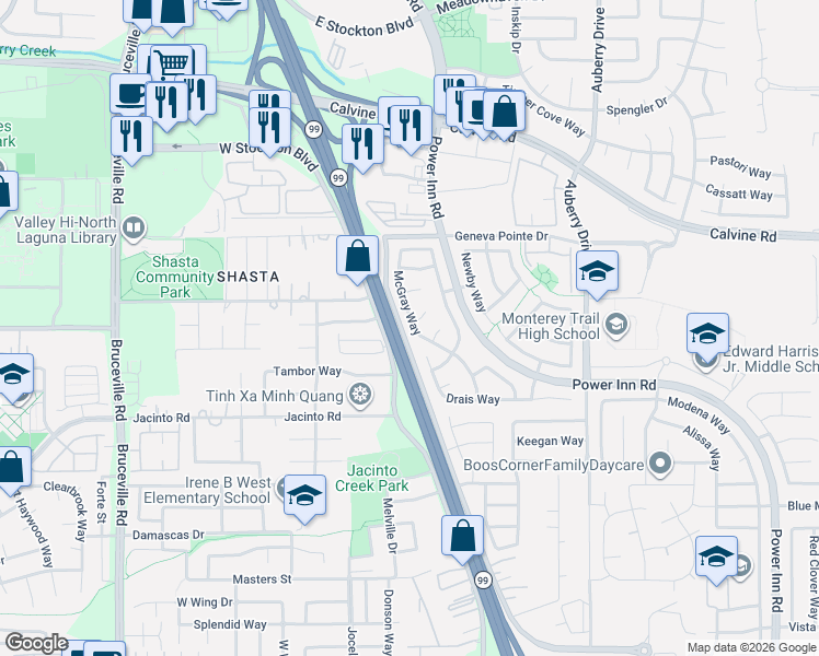 map of restaurants, bars, coffee shops, grocery stores, and more near 8480 McGray Way in Elk Grove