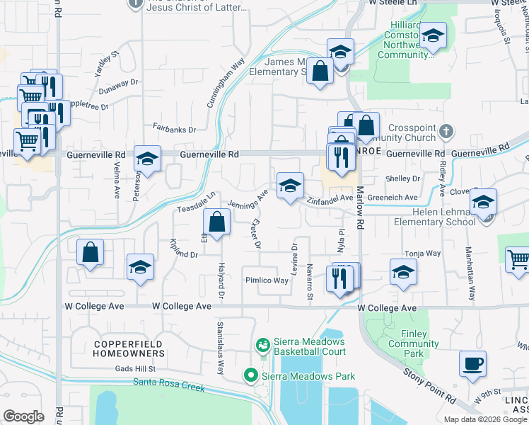 map of restaurants, bars, coffee shops, grocery stores, and more near 1182 Exeter Drive in Santa Rosa