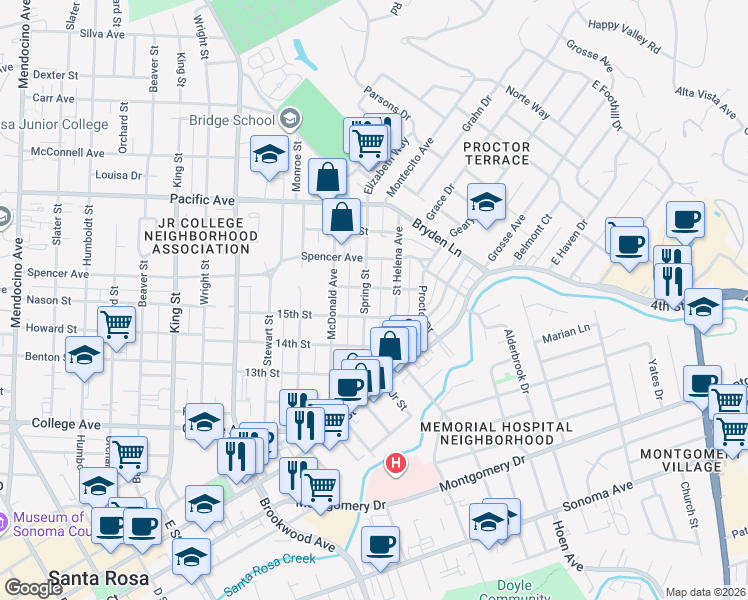 map of restaurants, bars, coffee shops, grocery stores, and more near 1007 Saint Helena Avenue in Santa Rosa