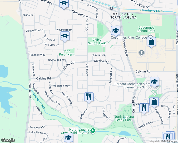 map of restaurants, bars, coffee shops, grocery stores, and more near 8483 Carlin Avenue in Sacramento