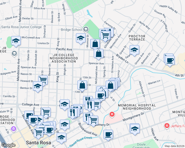 map of restaurants, bars, coffee shops, grocery stores, and more near 1015 McDonald Avenue in Santa Rosa