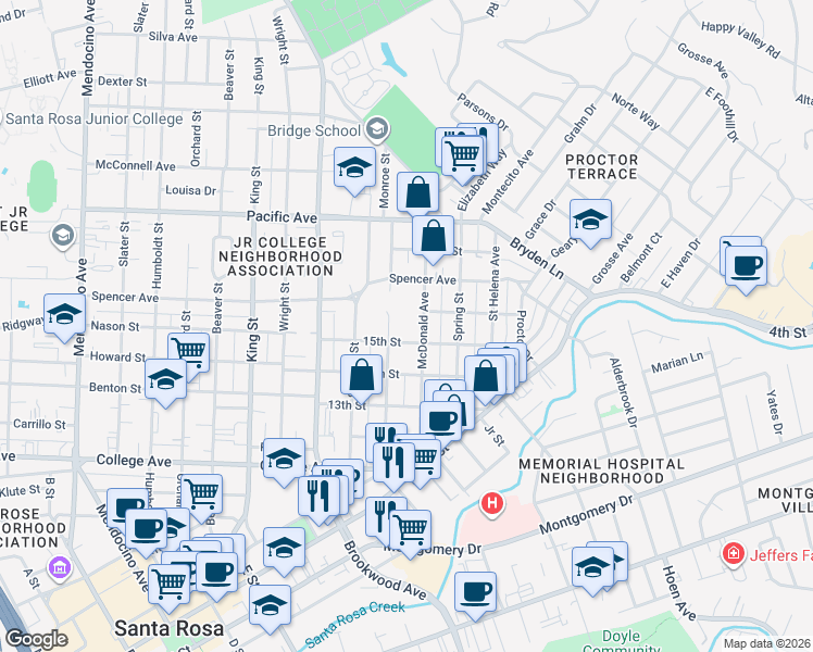 map of restaurants, bars, coffee shops, grocery stores, and more near 1015 McDonald Avenue in Santa Rosa