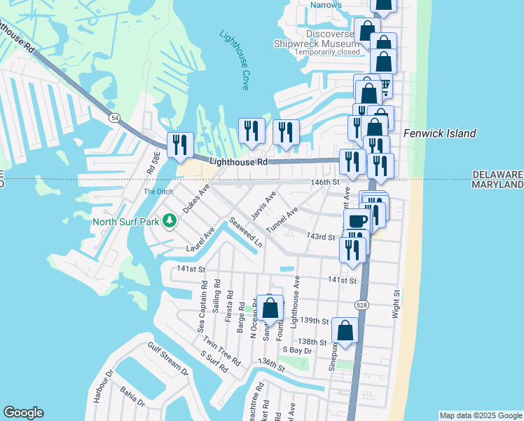 map of restaurants, bars, coffee shops, grocery stores, and more near 14400 McCabe Avenue in Ocean City