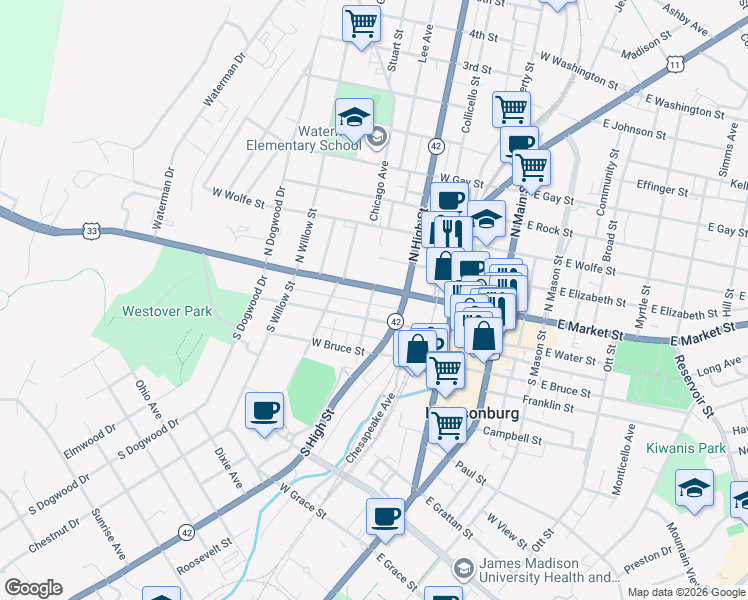 map of restaurants, bars, coffee shops, grocery stores, and more near 312 West Water Street in Harrisonburg