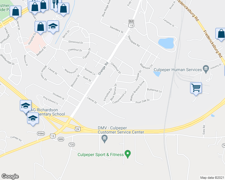 map of restaurants, bars, coffee shops, grocery stores, and more near 2213 Forsythia Drive in Culpeper
