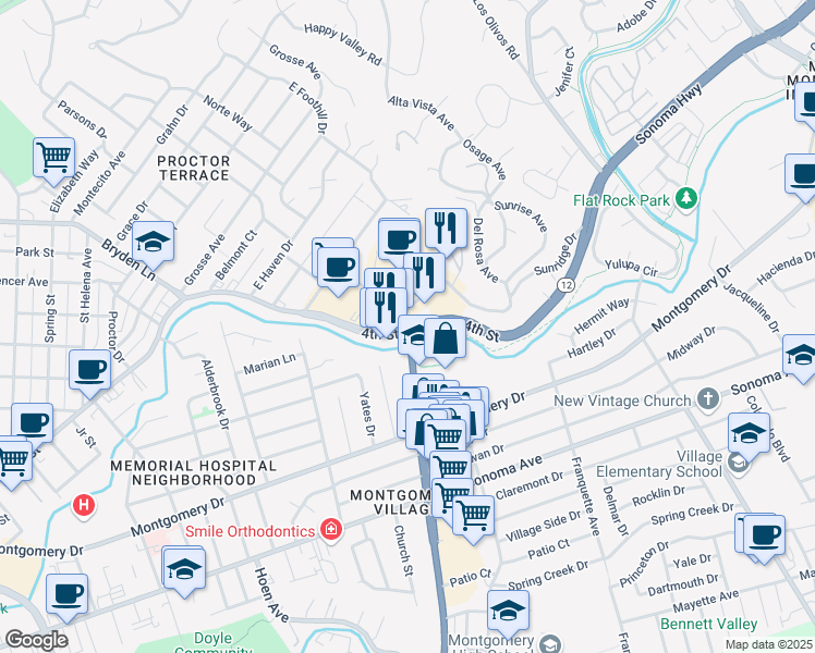 map of restaurants, bars, coffee shops, grocery stores, and more near 2759 4th Street in Santa Rosa