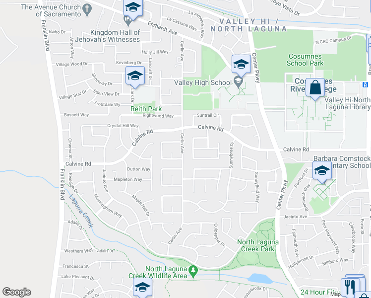 map of restaurants, bars, coffee shops, grocery stores, and more near 8483 Carlin Avenue in Sacramento
