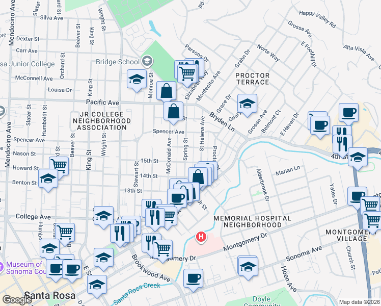 map of restaurants, bars, coffee shops, grocery stores, and more near 1007 Saint Helena Avenue in Santa Rosa
