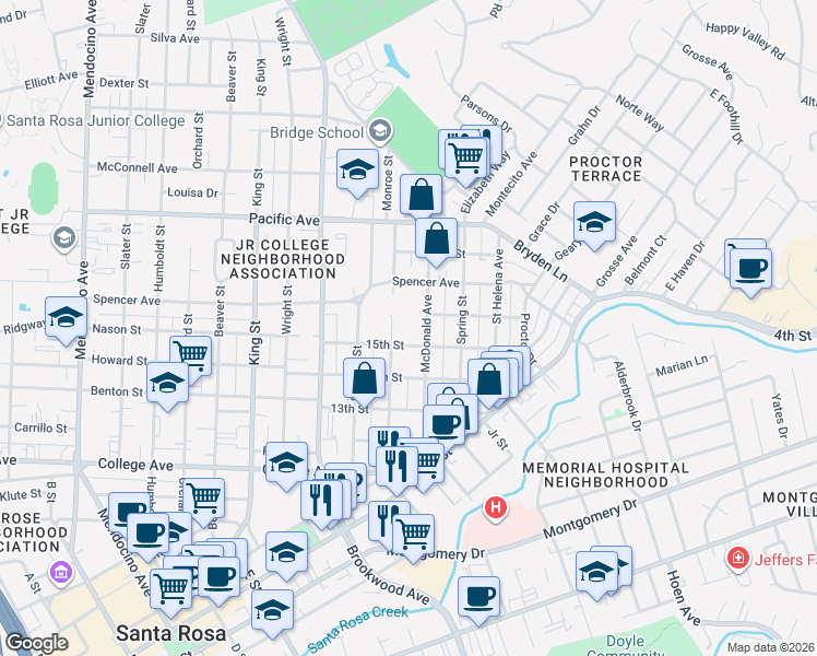 map of restaurants, bars, coffee shops, grocery stores, and more near 1015 McDonald Avenue in Santa Rosa