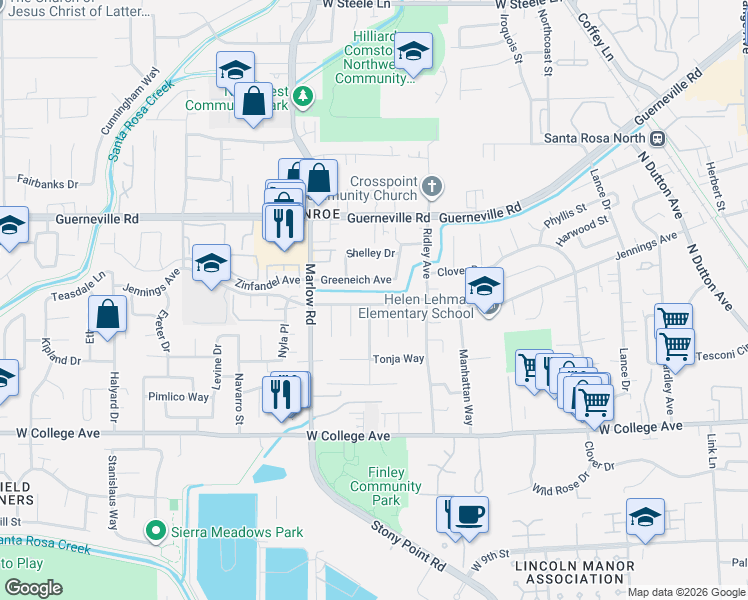 map of restaurants, bars, coffee shops, grocery stores, and more near 1542 Bucknell Court in Santa Rosa