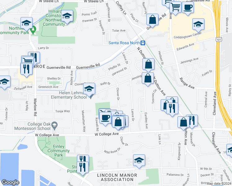 map of restaurants, bars, coffee shops, grocery stores, and more near 1293 Clover Drive in Santa Rosa