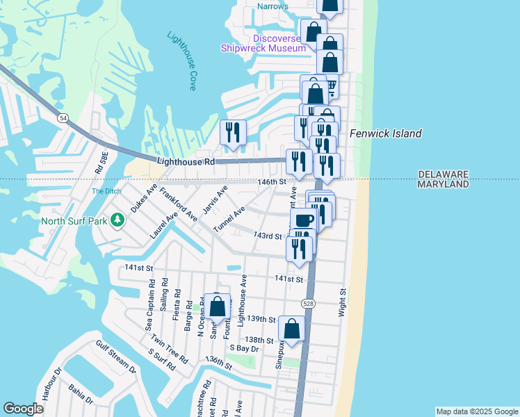 map of restaurants, bars, coffee shops, grocery stores, and more near 300 144th Street in Ocean City