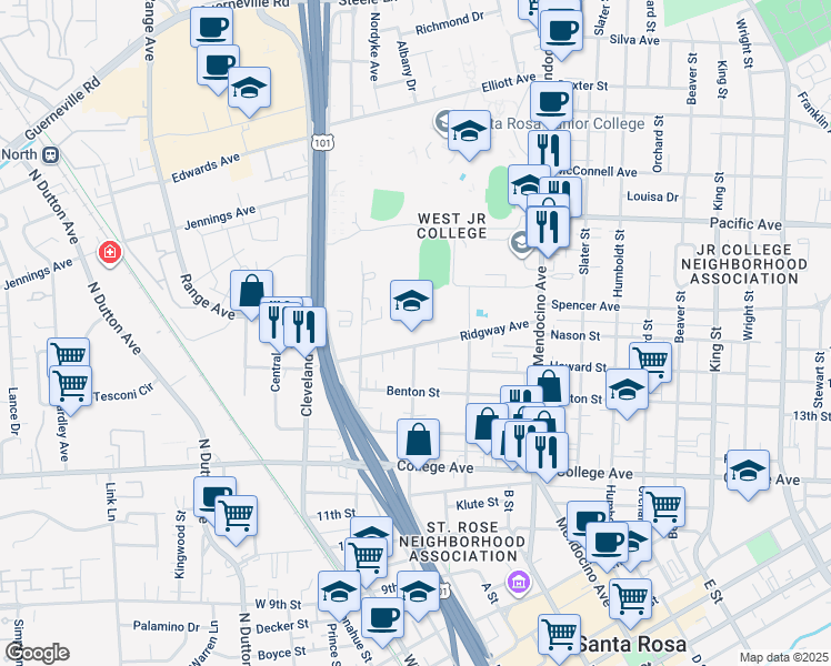 map of restaurants, bars, coffee shops, grocery stores, and more near 325 Ridgeway Avenue in Santa Rosa