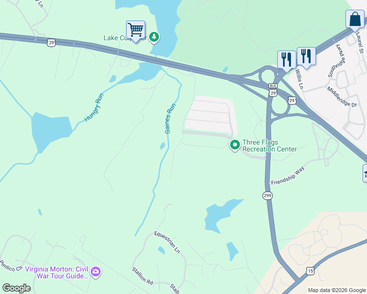 map of restaurants, bars, coffee shops, grocery stores, and more near 18113 Scenic Creek Lane in Culpeper