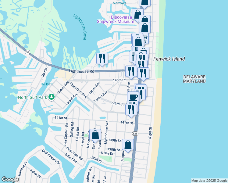 map of restaurants, bars, coffee shops, grocery stores, and more near 300 144th Street in Ocean City