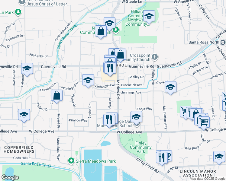 map of restaurants, bars, coffee shops, grocery stores, and more near 2120 Jennings Avenue in Santa Rosa