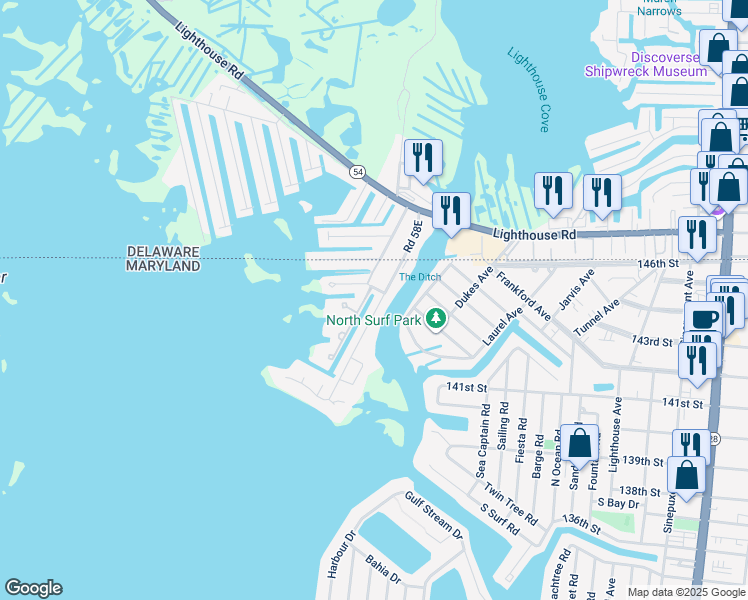 map of restaurants, bars, coffee shops, grocery stores, and more near 13450 Madison Avenue in Ocean City