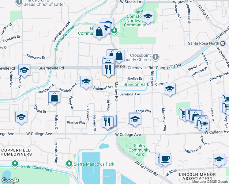 map of restaurants, bars, coffee shops, grocery stores, and more near 1554 Marlow Road in Santa Rosa