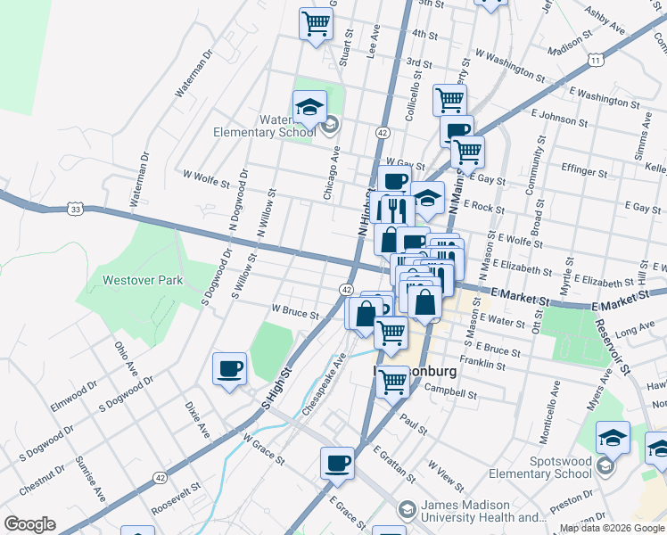 map of restaurants, bars, coffee shops, grocery stores, and more near 47 South High Street in Harrisonburg
