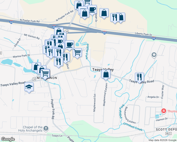map of restaurants, bars, coffee shops, grocery stores, and more near 93 Heritage Place in Teays Valley