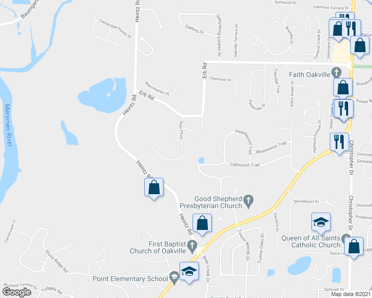 map of restaurants, bars, coffee shops, grocery stores, and more near 6326 Sean Parkway in St. Louis