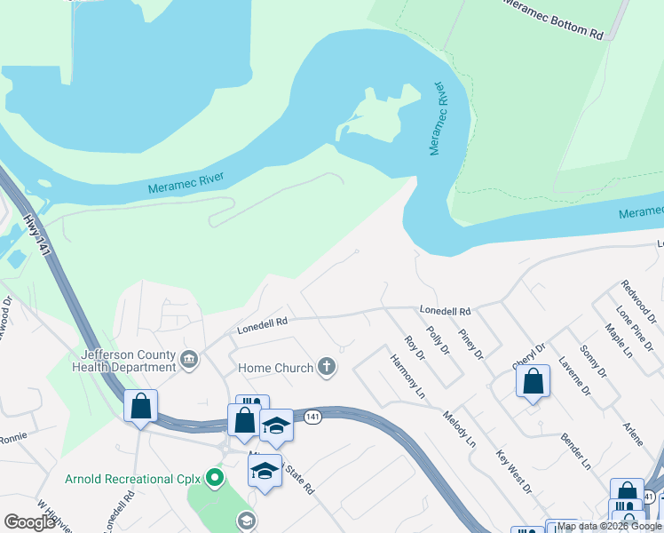 map of restaurants, bars, coffee shops, grocery stores, and more near 1646 Twin Oaks Drive in Arnold