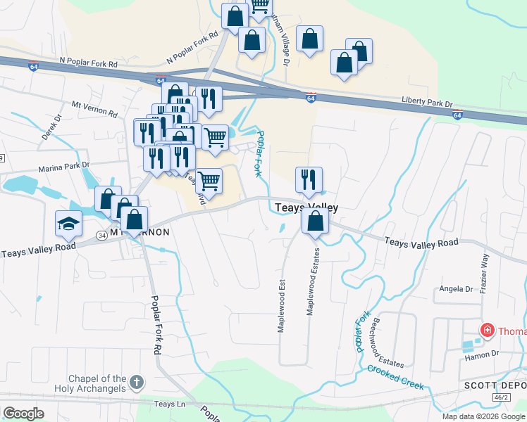 map of restaurants, bars, coffee shops, grocery stores, and more near 93 Heritage Place in Teays Valley