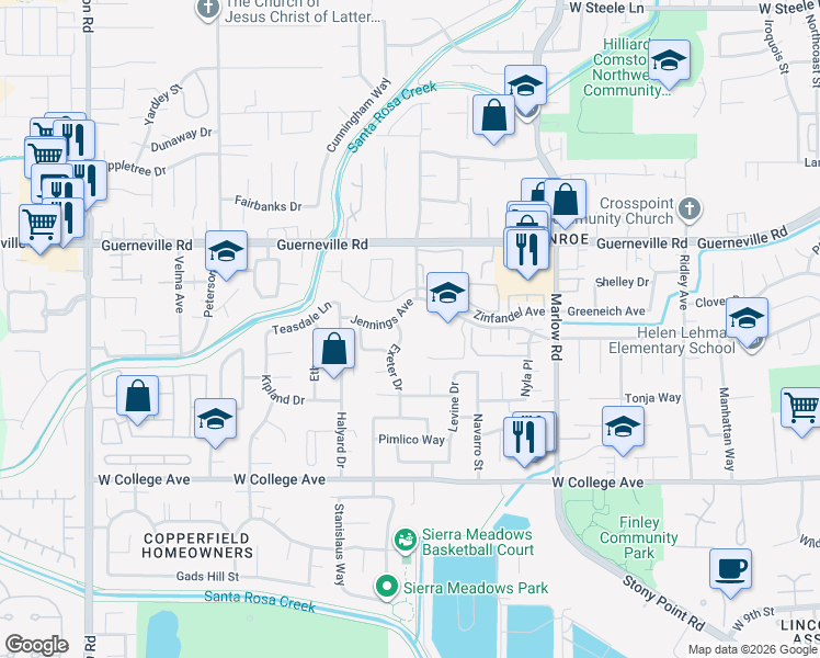 map of restaurants, bars, coffee shops, grocery stores, and more near 1182 Exeter Drive in Santa Rosa