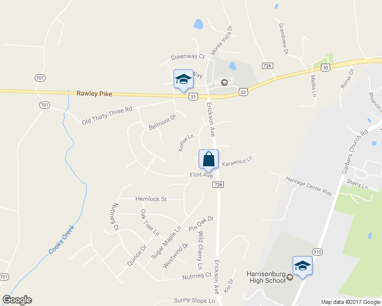 map of restaurants, bars, coffee shops, grocery stores, and more near 3046 Mulberry Lane in Harrisonburg
