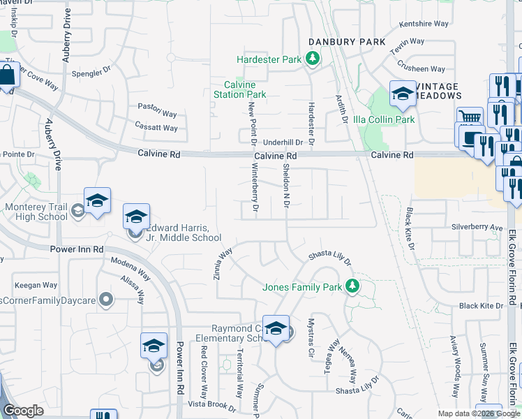 map of restaurants, bars, coffee shops, grocery stores, and more near 8480 Winterberry Drive in Elk Grove