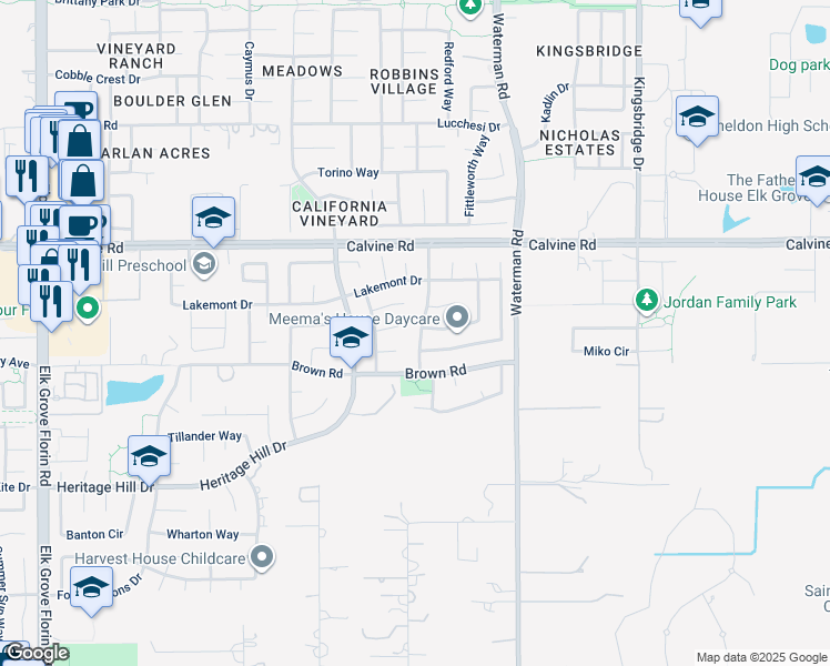 map of restaurants, bars, coffee shops, grocery stores, and more near 8466 Alameda Park Drive in Elk Grove