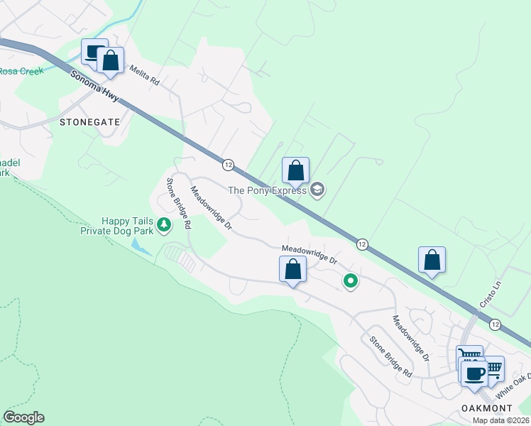 map of restaurants, bars, coffee shops, grocery stores, and more near 6287 Meadowbreeze Court in Santa Rosa
