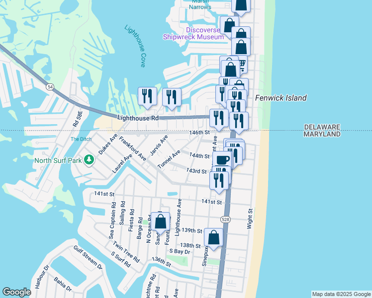 map of restaurants, bars, coffee shops, grocery stores, and more near 14306 Tunnel Avenue in Ocean City