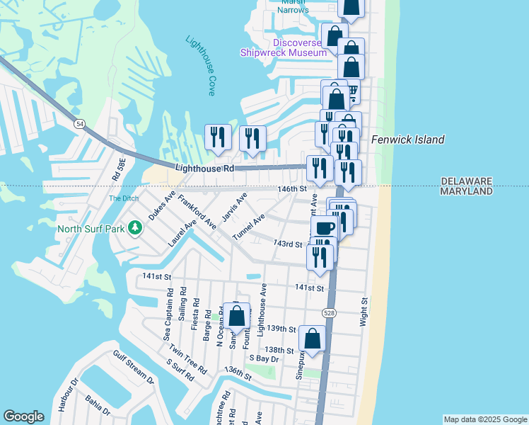 map of restaurants, bars, coffee shops, grocery stores, and more near 14306 Tunnel Avenue in Ocean City