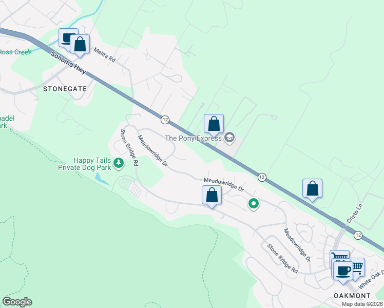 map of restaurants, bars, coffee shops, grocery stores, and more near 6287 Meadowbreeze Court in Santa Rosa