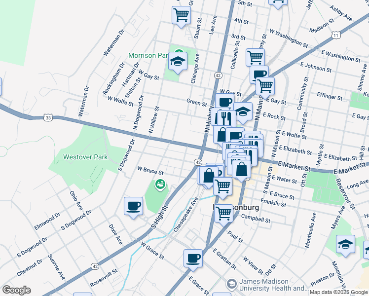 map of restaurants, bars, coffee shops, grocery stores, and more near 301 West Market Street in Harrisonburg