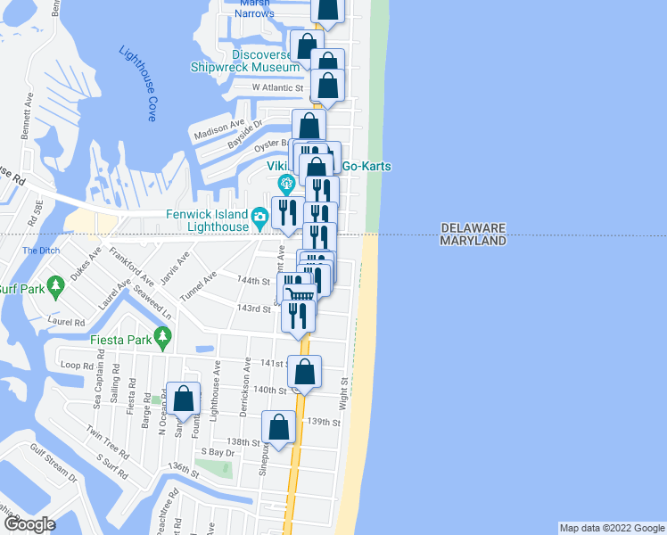 map of restaurants, bars, coffee shops, grocery stores, and more near 6 144th Street in Ocean City