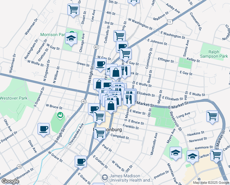 map of restaurants, bars, coffee shops, grocery stores, and more near in Harrisonburg
