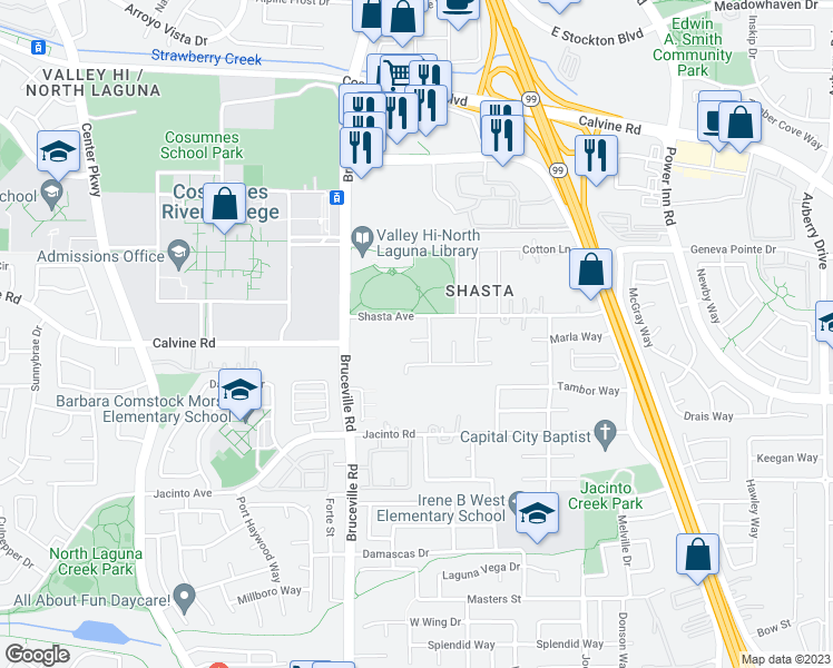 map of restaurants, bars, coffee shops, grocery stores, and more near 16 Sharlo Court in Elk Grove