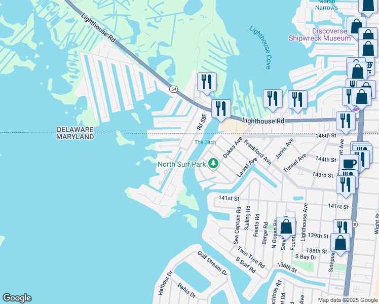 map of restaurants, bars, coffee shops, grocery stores, and more near 13450 Madison Avenue in Ocean City