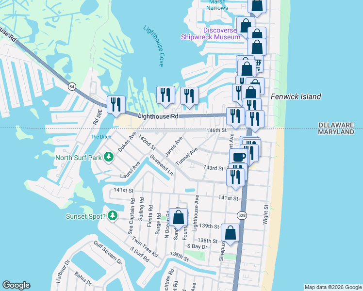 map of restaurants, bars, coffee shops, grocery stores, and more near 14400 Jarvis Avenue in Ocean City