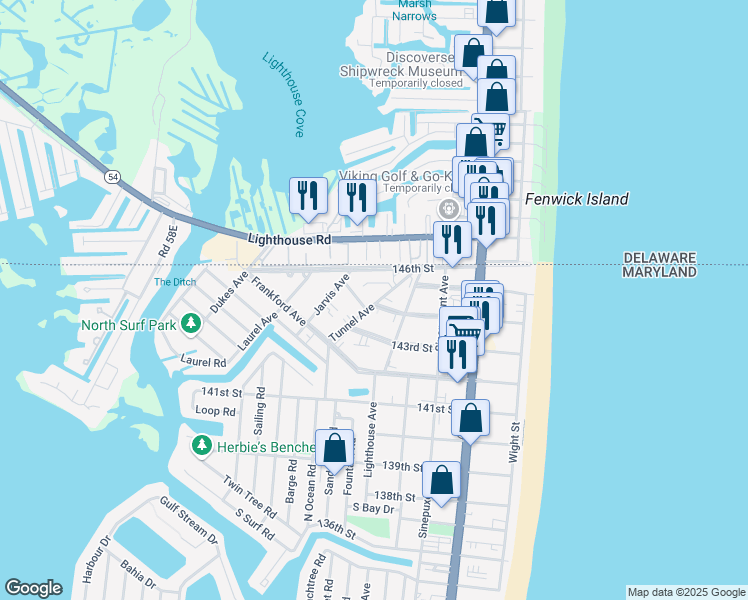 map of restaurants, bars, coffee shops, grocery stores, and more near 14401 Tunnel Avenue in Ocean City
