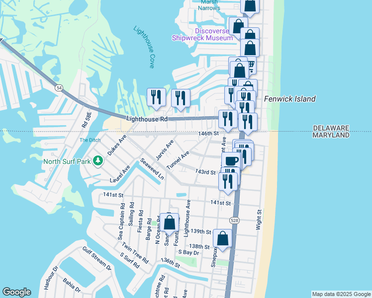 map of restaurants, bars, coffee shops, grocery stores, and more near 14401 Tunnel Avenue in Ocean City