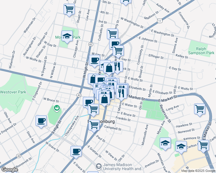 map of restaurants, bars, coffee shops, grocery stores, and more near in Harrisonburg