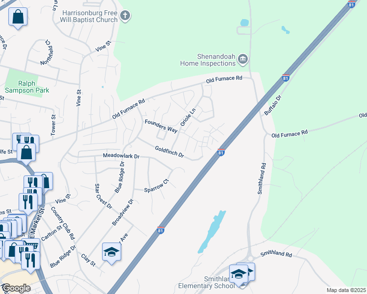 map of restaurants, bars, coffee shops, grocery stores, and more near 1030 Alexander Hamilton Lane in Harrisonburg