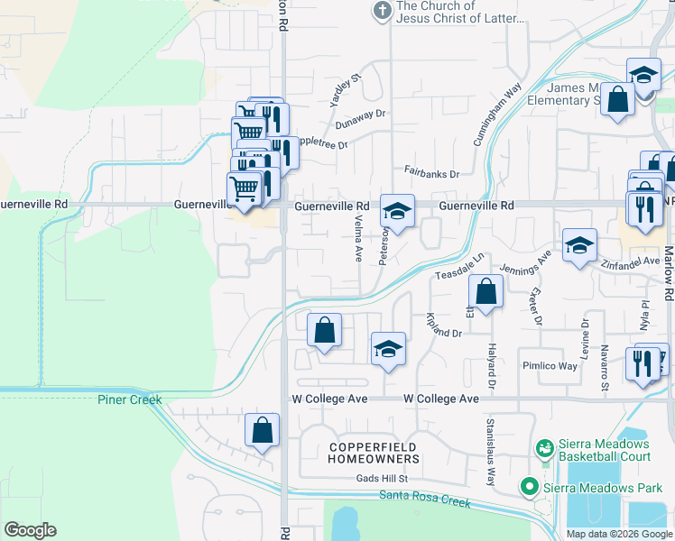 map of restaurants, bars, coffee shops, grocery stores, and more near 1359 Orsolini Place in Santa Rosa