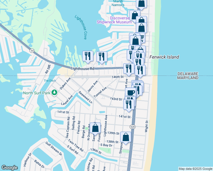 map of restaurants, bars, coffee shops, grocery stores, and more near 14306 Tunnel Avenue in Ocean City