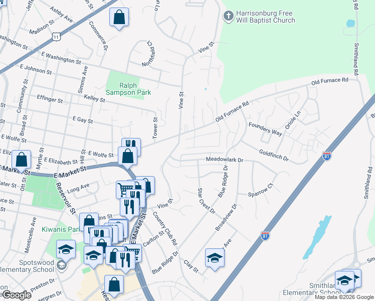 map of restaurants, bars, coffee shops, grocery stores, and more near 906 Meadowlark Drive in Harrisonburg