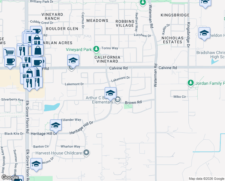 map of restaurants, bars, coffee shops, grocery stores, and more near 8488 Camino Vista Way in Elk Grove