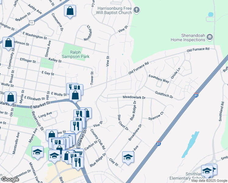 map of restaurants, bars, coffee shops, grocery stores, and more near 1021 Wellington Drive in Harrisonburg